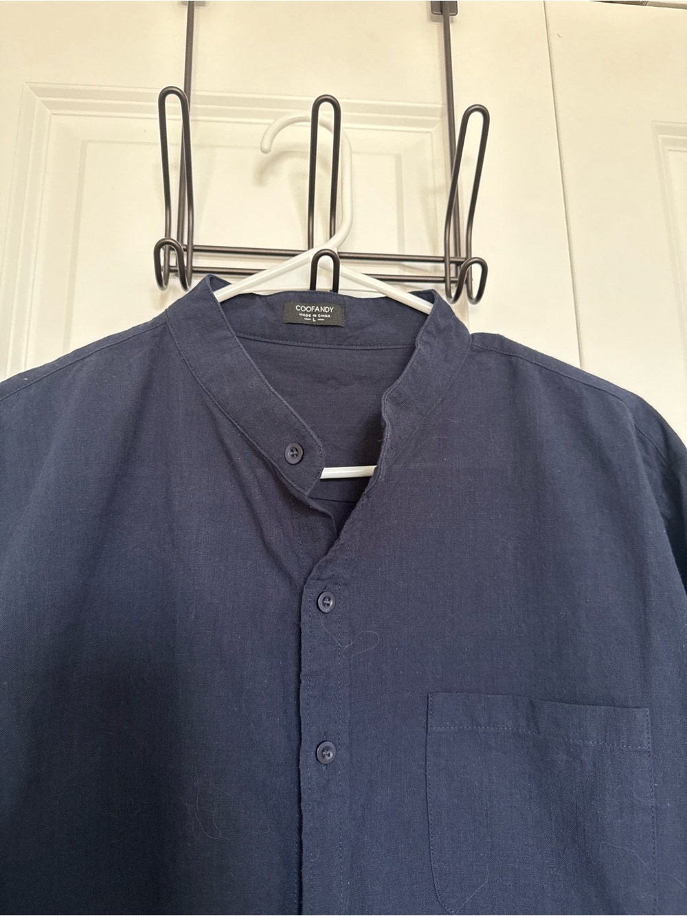 Men's Navy Grandad Collar Button-Up Shirt - Lightweight Casual - Picture 2 of 6